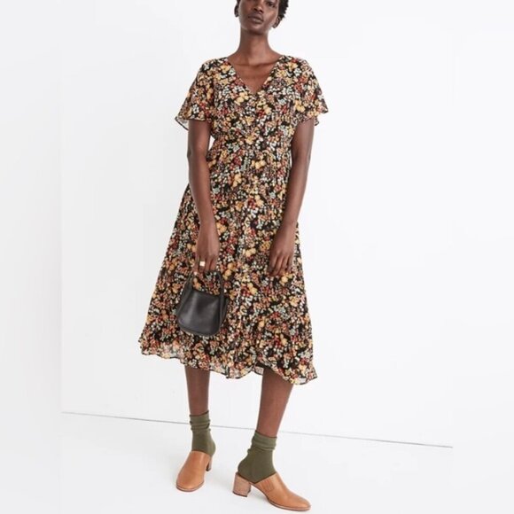 Madewell Floral Midi Dress – Size 4, V-Neck Flutter Sleeve Black Multi-Color - Picture 1 of 11
